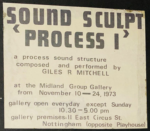 giles mitchell - sound sculpt installation sound structure composed and performed by Giles Mitchell at Midland Group Gallery, Nottingham, England from November 10 - 24 1973