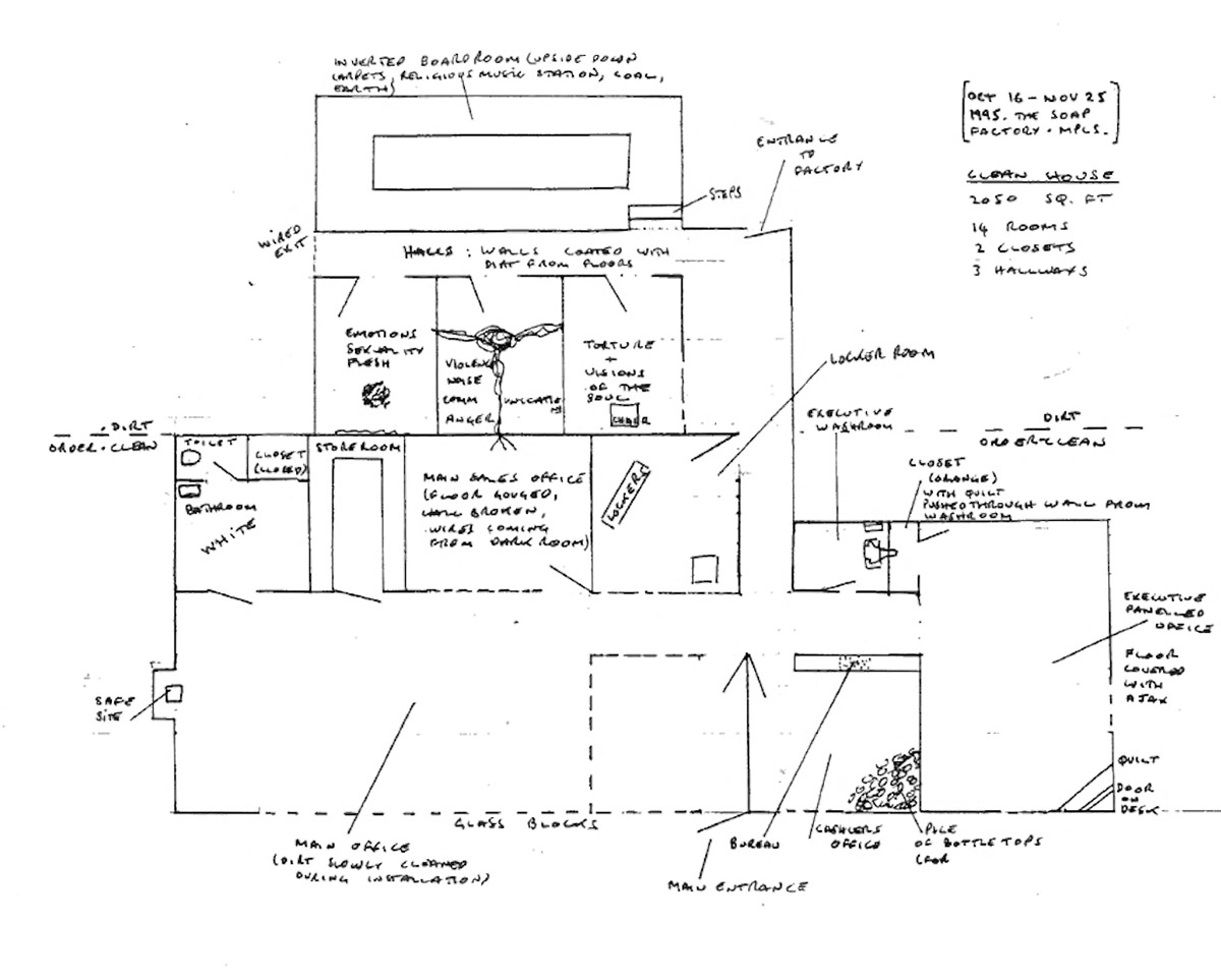 Giles Denmark art installation plan for Clean House at the National Purity  Soap Factory in Minneapolis, USA,  performed October 18- 28, 1995