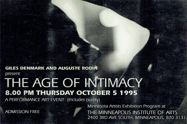 The Age of Intimacy card promoting Giles Denmark performance art event with Auguste Rodin on October 5  1995 at Minneapolis Institute of Art, MN, USA