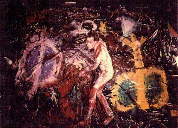 primal performance painting by giles denmark in 1984 called 'Hymn to Her' expressing primal instincts working with paint 