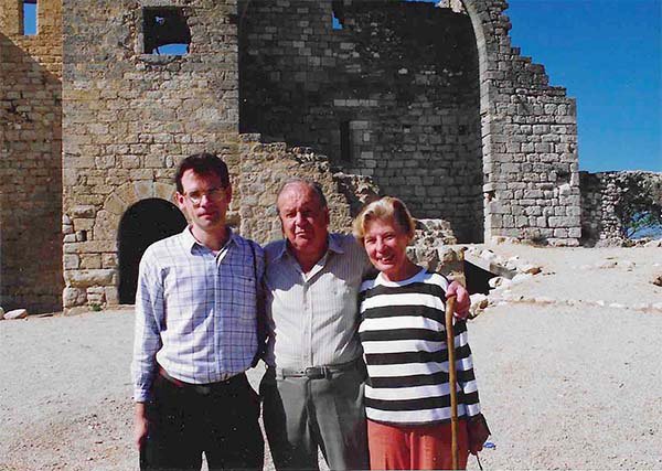 Eric Mitchell with Elizabeth Boswell (later Mitchell) and Giles 'Denmark' Mitchell at Abbaye de Fontcalvy near Ouveillan