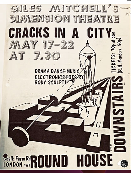 Giles Mitchell Dimension Theatre poetry theatre  production called Cracks in a City performed at Downstairs Theatre Roundhouse Camden, London May 17-22, 1976