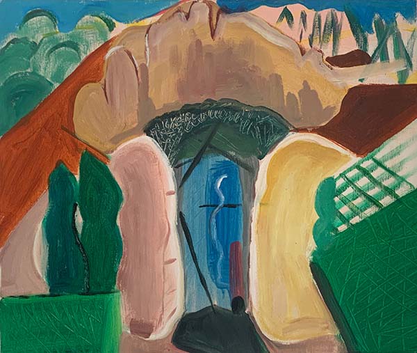 water colour painting by giles denmark in 1998 called 'Dolman' depicting abstract landscape of dolmen with man in interior reference dolmens in south of france 