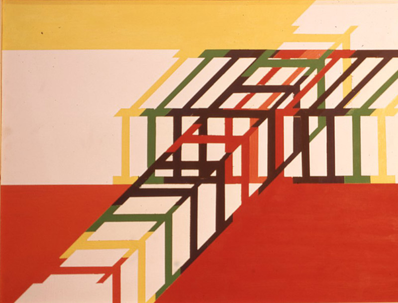 Painting of crossways interacting in space created in 1970 by Giles Denmark Mitchell