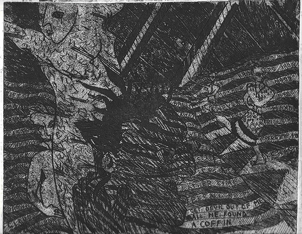 giles denmark mitchell monoprint called All he found a coffim, 1973, nottingham