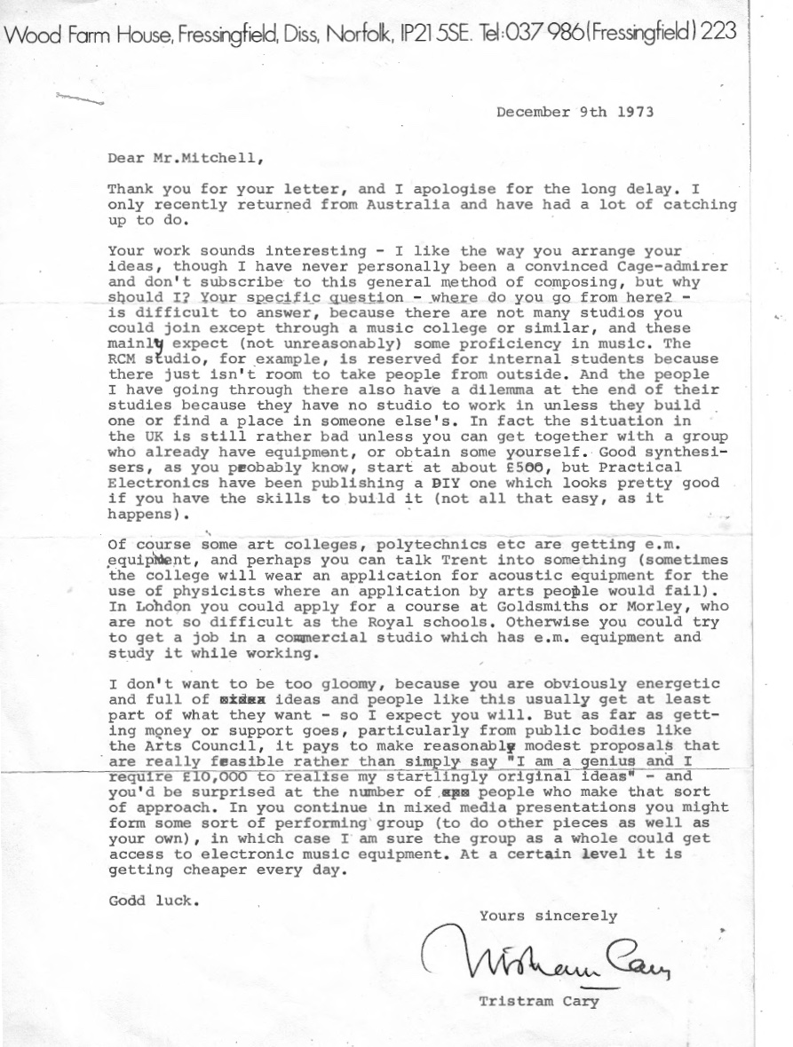 letter from Australian British composer Tristram Cary and Giles Mitchell in 1973